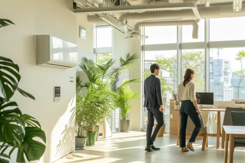Système chauffage réversible installé dans des bureaux, assurant confort toute l’année pour les entreprises.
